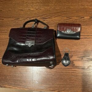 BRIGHTON Set Of 2 Vintage Black Moc Croc Leather Crossbody Bag Plus Wallet
